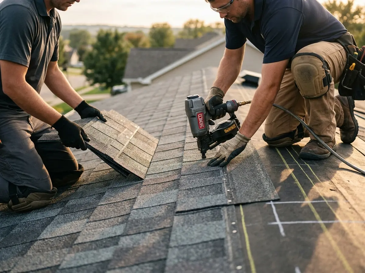 Professional roofer working on a residential roof in Robbinsdale